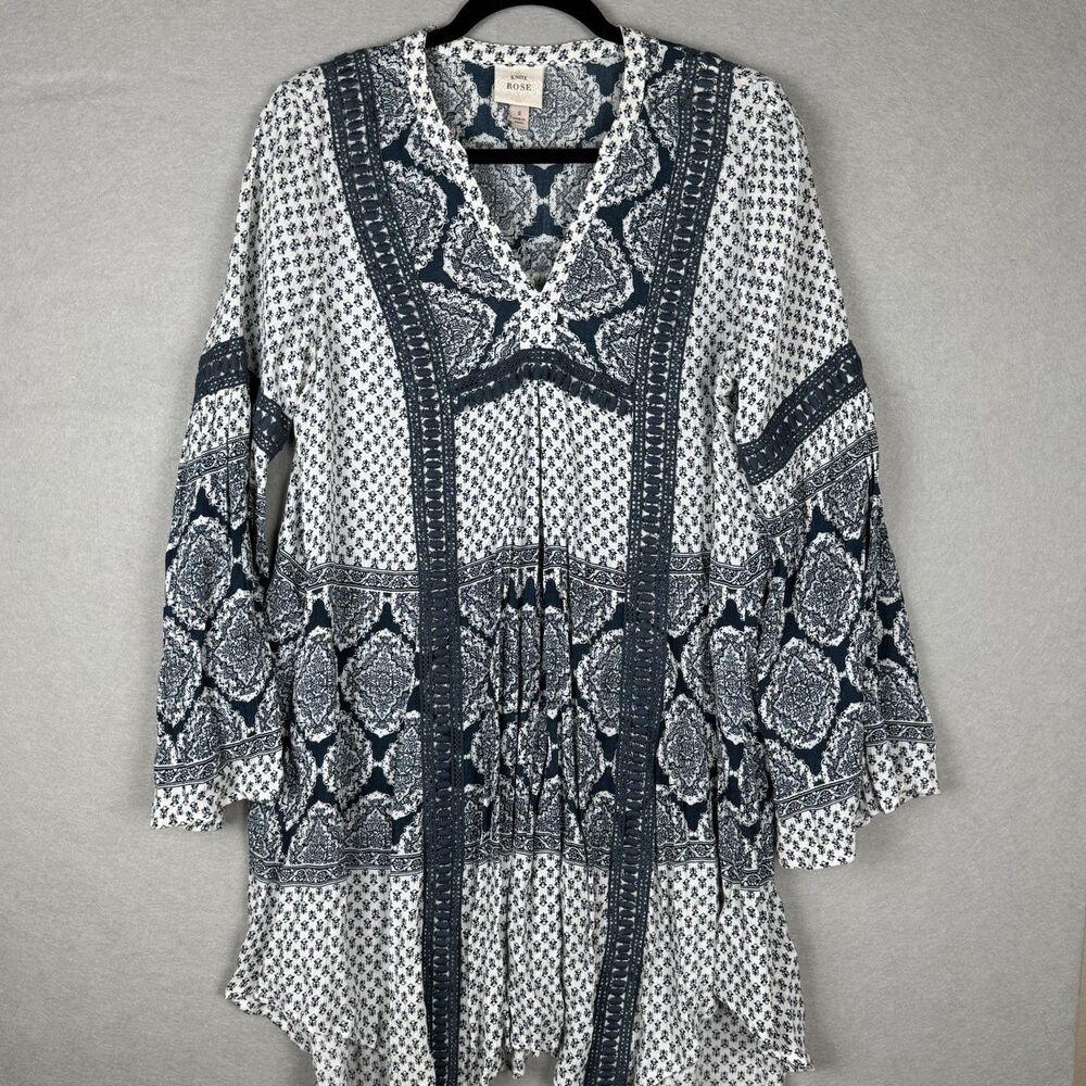 Knox Rose Womens S Loose Shift Dress Long Sleeve‎ Cream Green Hippie Peasant